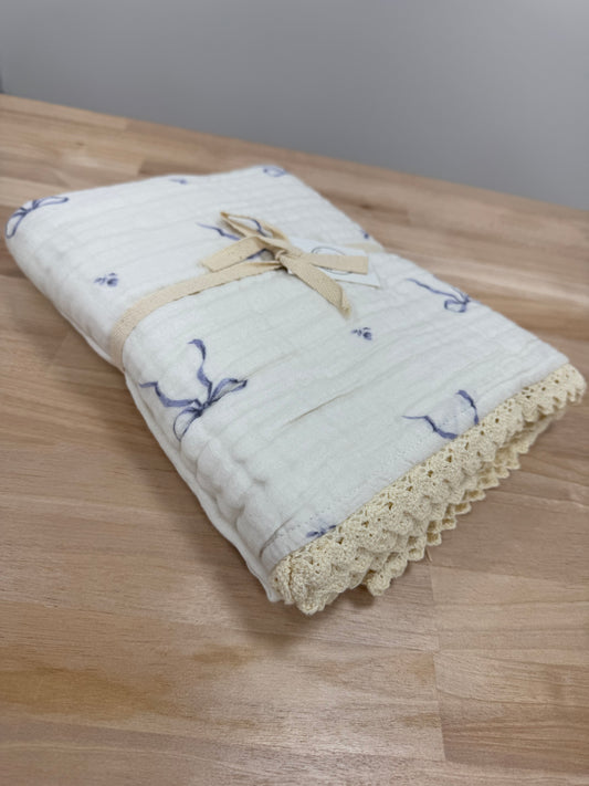 Blue Bow Muslin Blanket